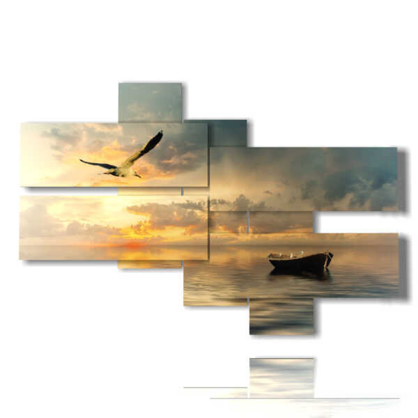 quadro mare barca e gabbiano al tramonto