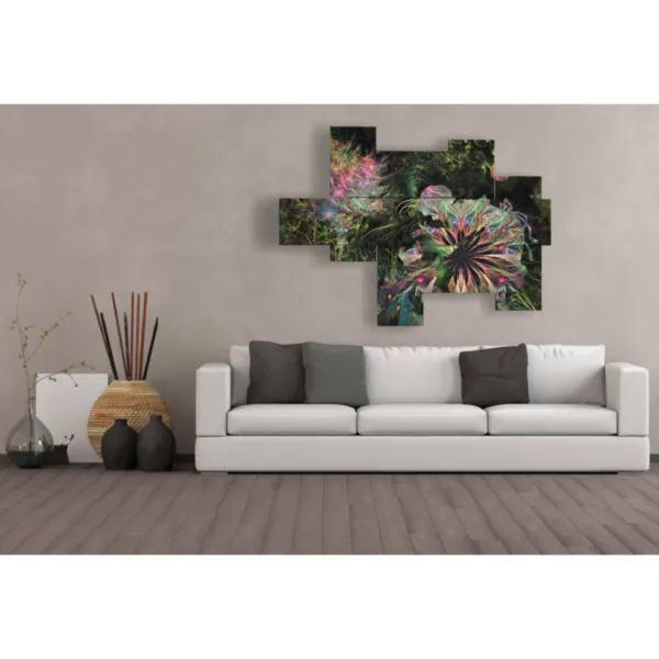 arredo soggiorno con quadri di fiori astratti