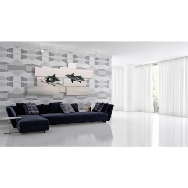 Decorative panels featuring images of fish and orcas.