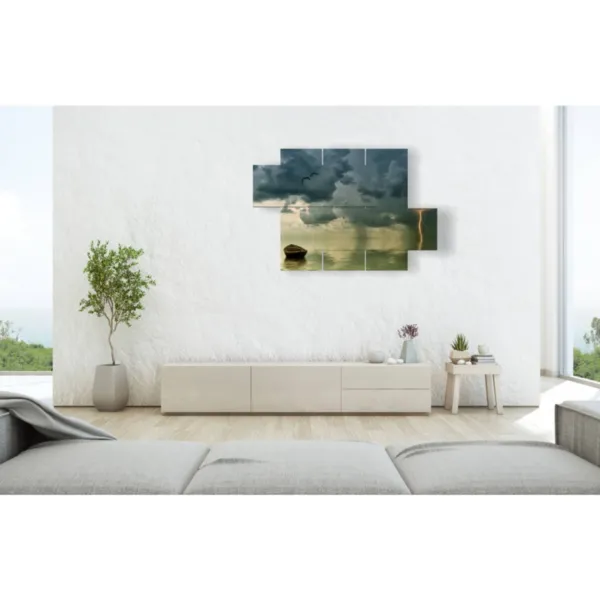 A painting with a lightning strike in the sea.