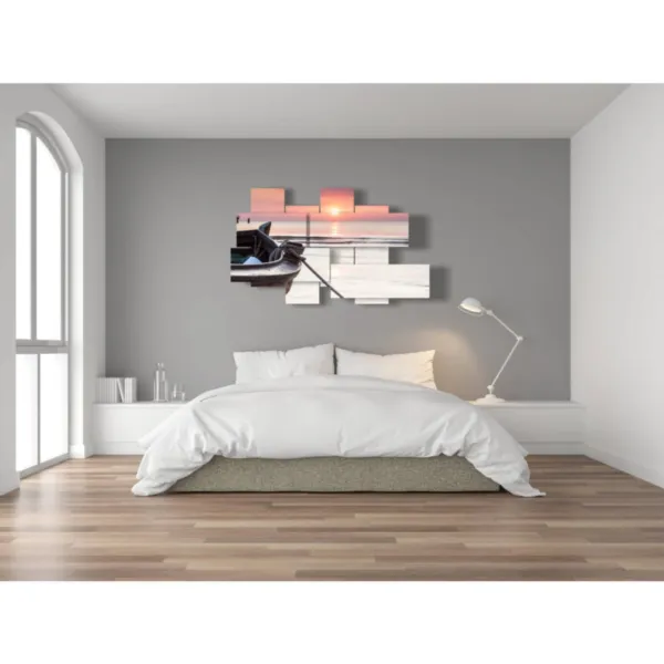 stampe di barche in tramonto