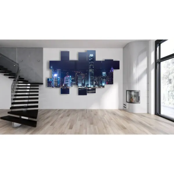 Paintings with photos of Hong Kong at night.