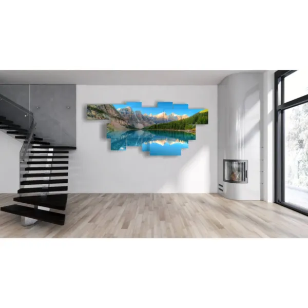 Paintings with lake and mountain.