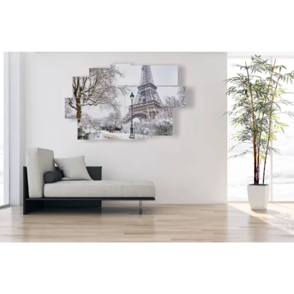 Paintings with black and white photos of Paris covered in snow