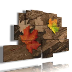 Cuadros sobre el otoño con hojas en la madera.