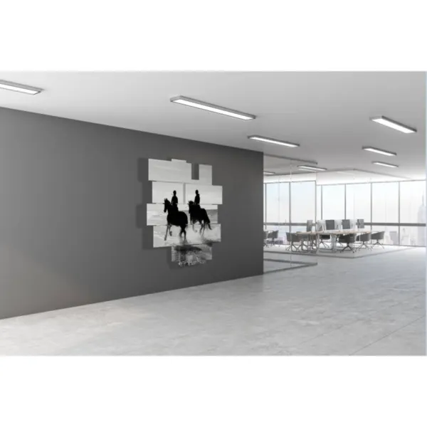 Cuadros de un hombre a caballo en la orilla del mar.