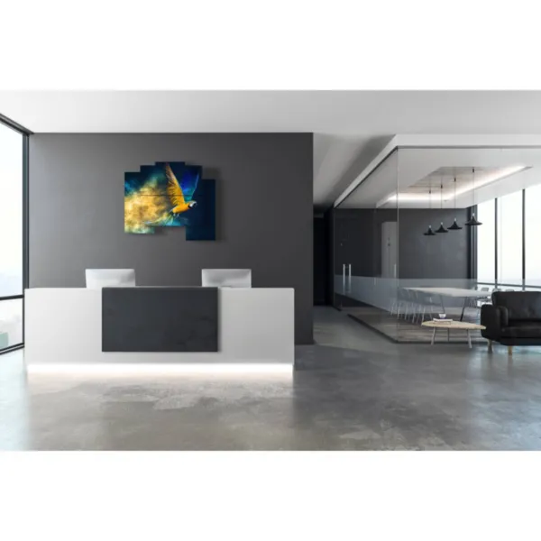 Tableaux de perroquets sur fond jaune et bleu.