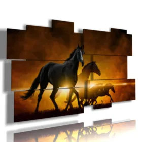 Tableaux de chevaux modernes embrassés par le coucher de soleil