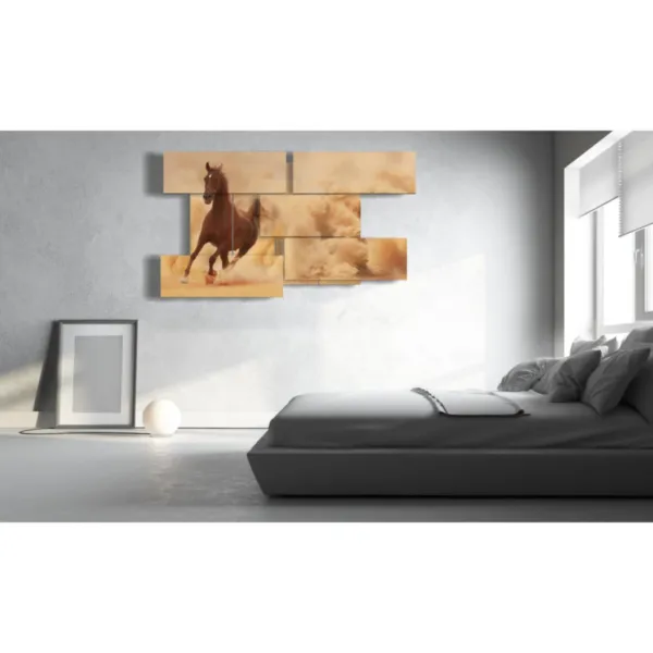 Paintings of Arabian horses with clouds of sand.