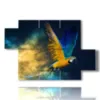 paintings of parrots in a blue yellow powder - version: 5 pannelli 128x85cm