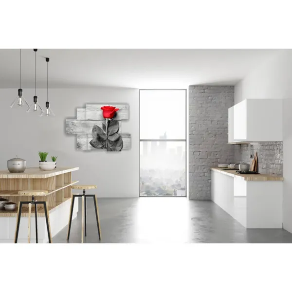 Cuadros con rosa roja rodeada de gris.