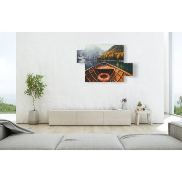 wall art of a boat on a lake