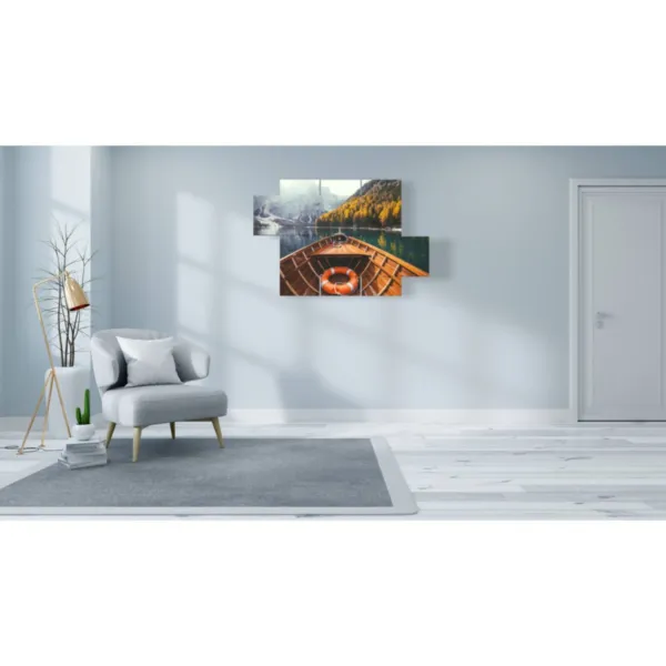 wall art with a boat and lake motif