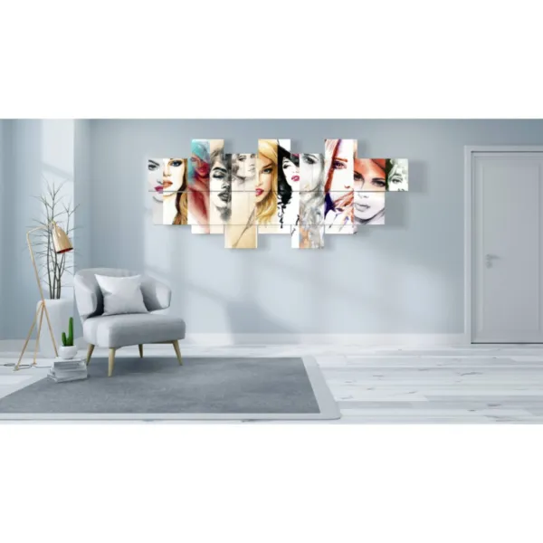 A painting with a stylized woman.