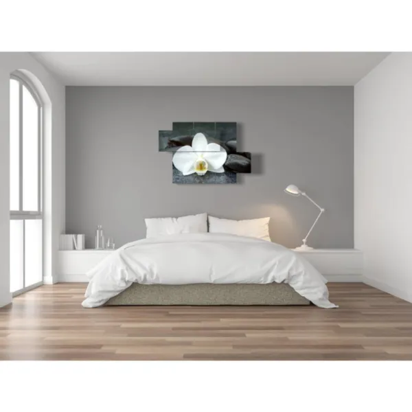 Installations artistiques : orchidées blanches et pierres noires