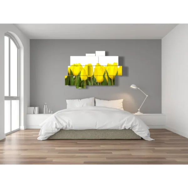 Paintings of tulip fields with sun-colored flowers.