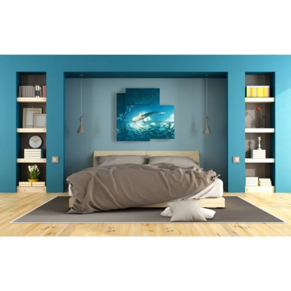 Interior design with fish-themed paintings.