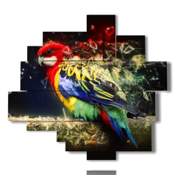 Paintings on canvas featuring parrots
