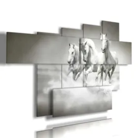 a painting of horses on the beach playing in the water