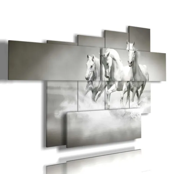 a painting of horses on the beach playing in the water