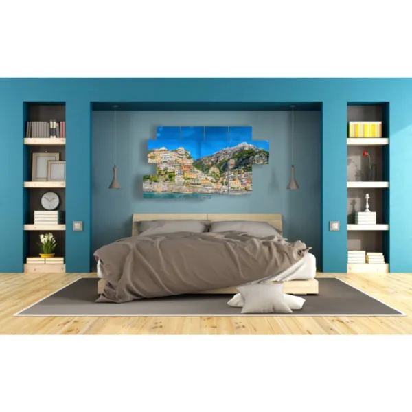 Print with Italian cities by the sea.