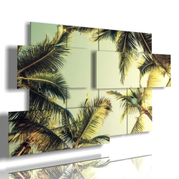 Paintings with raised trees featuring palm trees against a brigh
