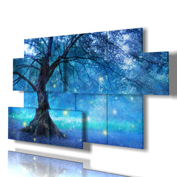 quadri con alberi stilizzati nelle luci blu