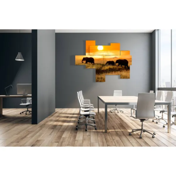 mural print of elephants at sunset
