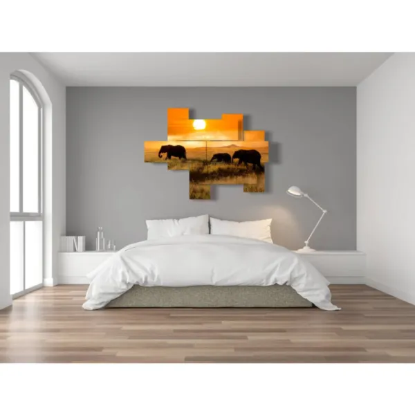 tableaux avec des éléphants au coucher du soleil