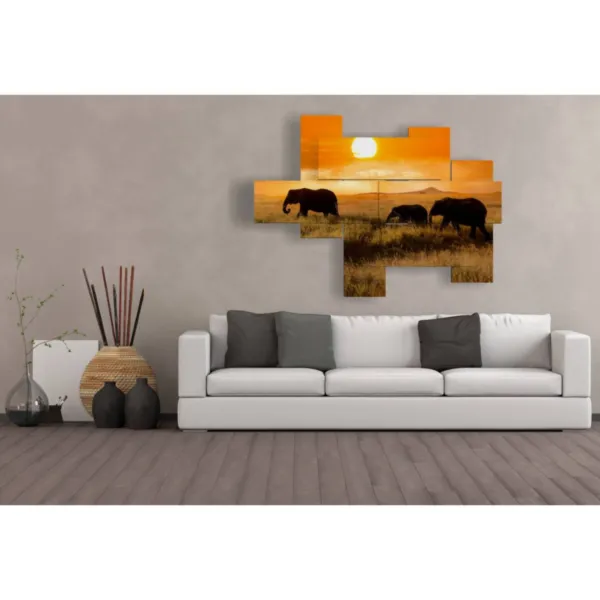 Impression décorative d''éléphants au coucher du soleil