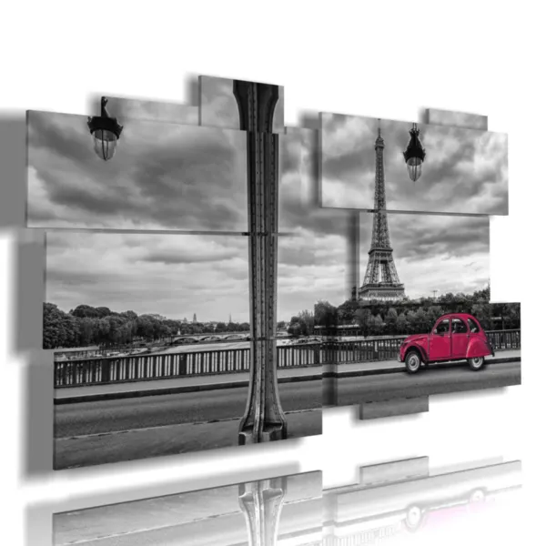 Paintings of Paris with a vintage red car