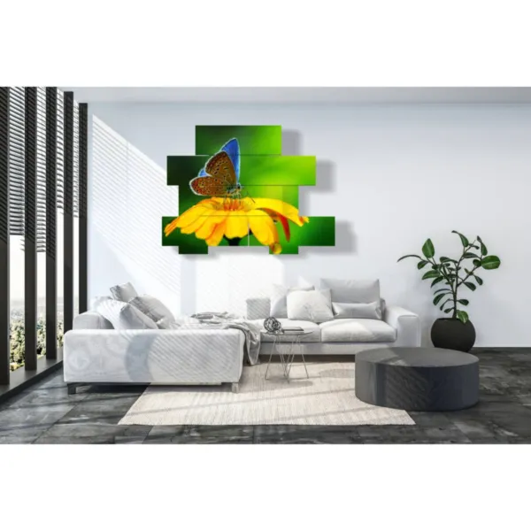 Diseño de interiores con cuadros de flores y mariposas.