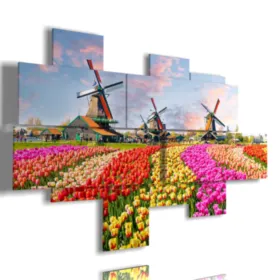 Paintings with tulips in a Dutch landscape.