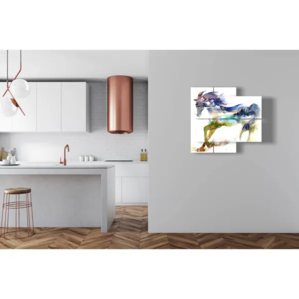 Drucke blaue Pferde in einer Fantasielandschaft.