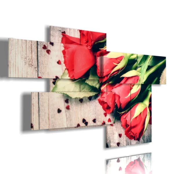 Cuadros con corazones y rosas rojas.