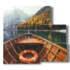 painting boat on the mountain lake - version: 5 pannelli 102x93cm