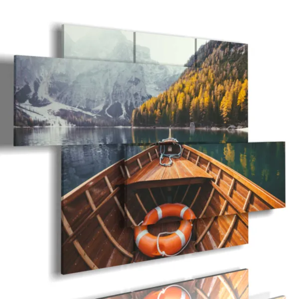 paintings of boats on the lake