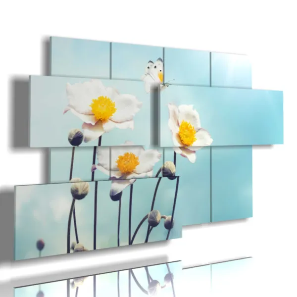 tableaux avec des papillons en relief sur des fleurs blanches