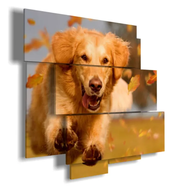 Gemälde eines Hundes, der im Herbstlaub läuft.