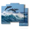 painting with playful fish and dolphins jumping on the waves - version: 5 pannelli 89x77cm
