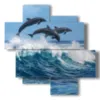 painting with playful fish and dolphins jumping on the waves - version: 4 pannelli 97x97cm