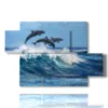 painting with playful fish and dolphins jumping on the waves - version: 5 pannelli 128x85cm