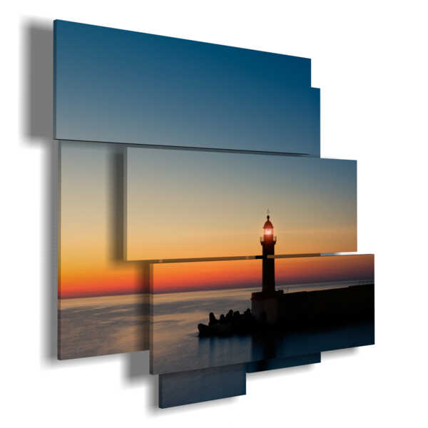 painting lighthouse in the sea with flat sea at sunset