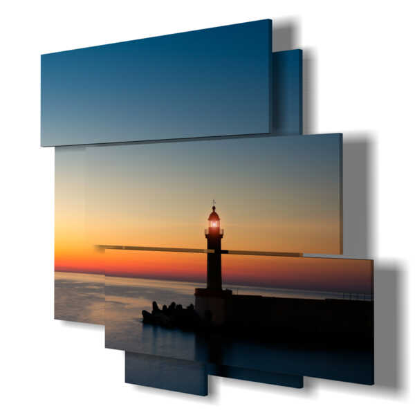 painting lighthouse in the sea with flat sea at sunset