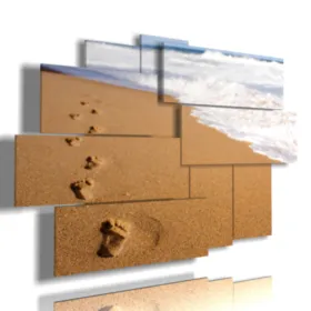 Sand paintings with footprints of movement along the seashore