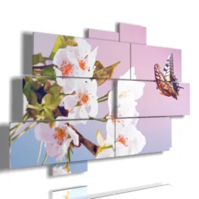 Cuadros abstractos con mariposas en un ramo de flores.