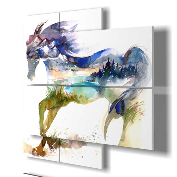 tableau chevaux bleus dans un paysage fantastique