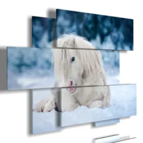 A white horse lying down in the snow.