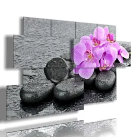 Paintings featuring purple orchid flowers resting on the rocks.