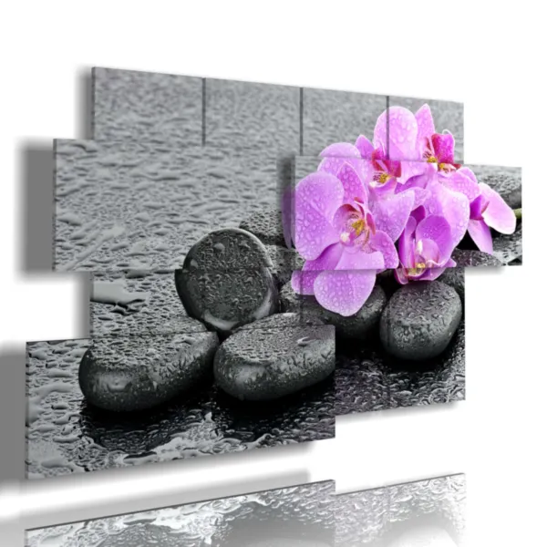 Paintings featuring purple orchid flowers resting on the rocks.